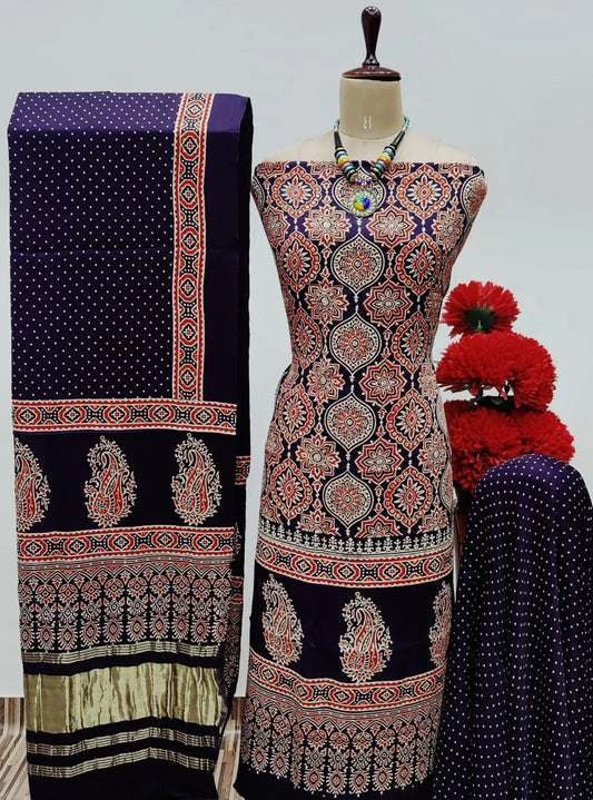 Modal Ghazi Silk Original Hand Blocked Ajrakh Print Dress Material (Unstitched)