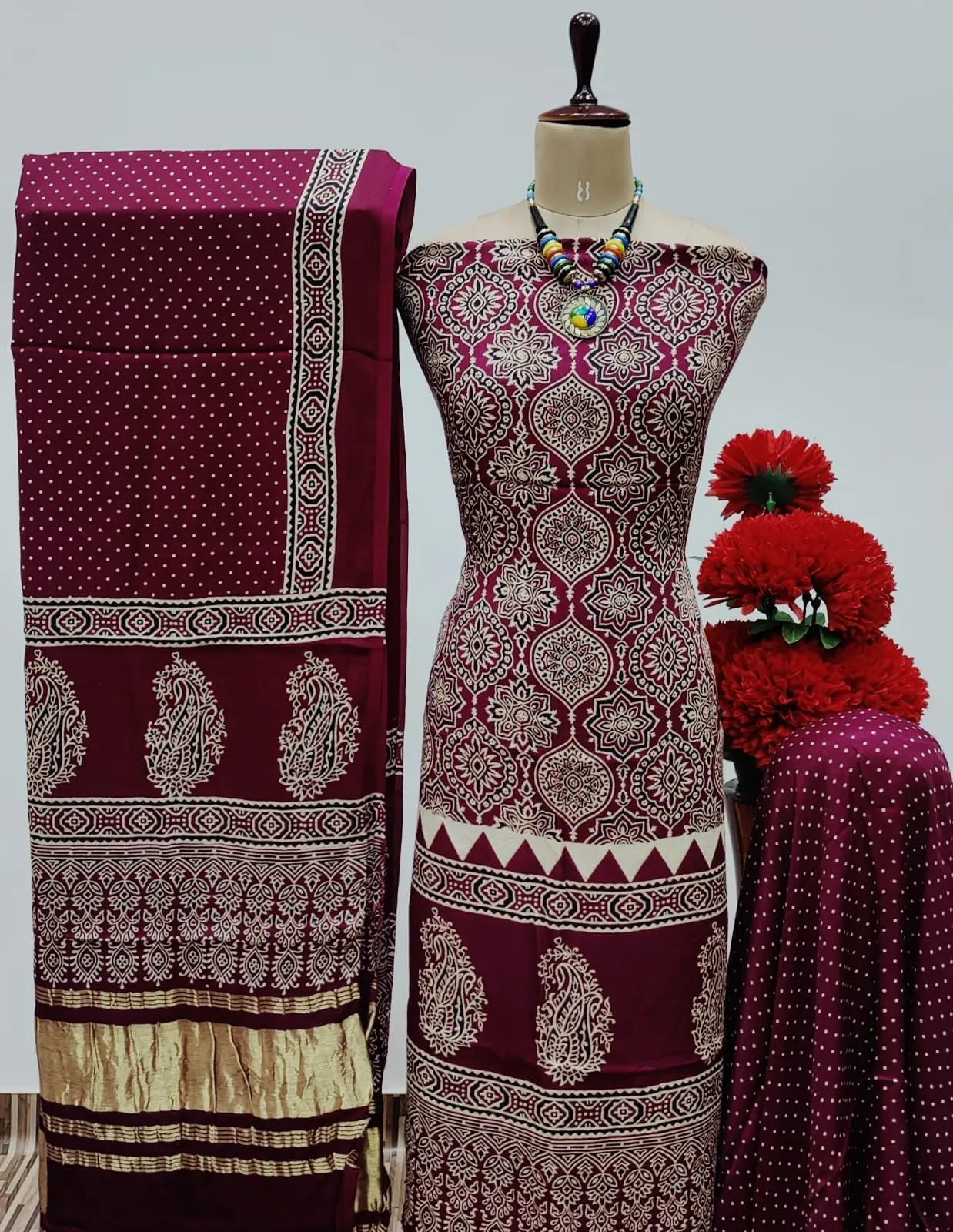 Modal Ghazi Silk Original Hand Blocked Ajrakh Print Dress Material (Unstitched)