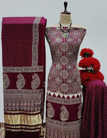 Modal Ghazi Silk Original Hand Blocked Ajrakh Print Dress Material (Unstitched)