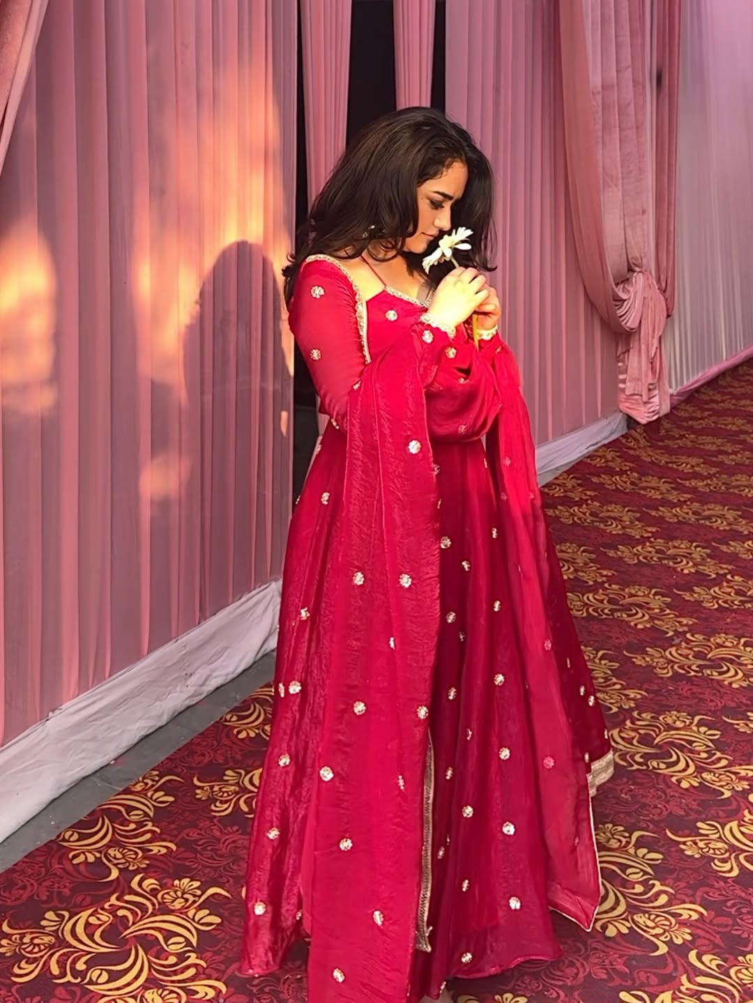Molins Fendy Silk Blush Red Anarkali Premium Suit Set