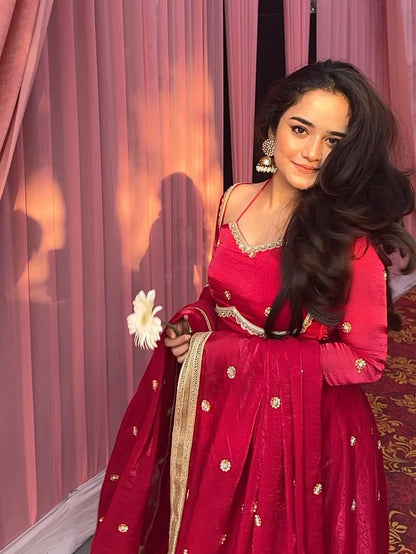 Molins Fendy Silk Blush Red Anarkali Premium Suit Set
