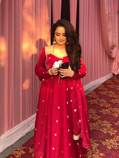 Molins Fendy Silk Blush Red Anarkali Premium Suit Set
