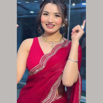 Red Sequin Saree For Party Wear