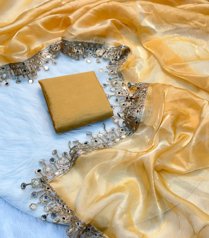 Golden Tissue Mirror Lace Saree with Blouse