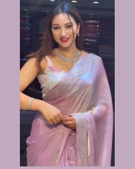 Pink Pure Tissue Silk Saree with Sybori Print Blouse