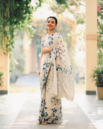 Pure Linen Saree in Beige, With Printed Blouse