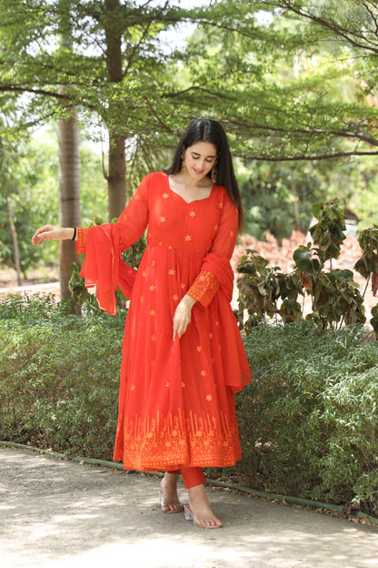 Keshvi's orange Coloured Anarkali Suit