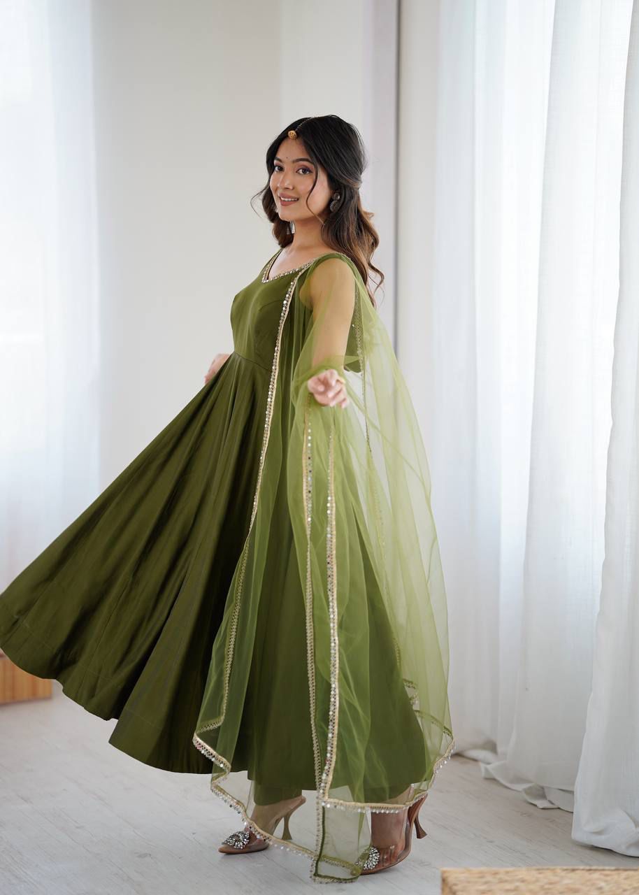 Kiyara Mahendi Color Anarkali Suit Set [Sleeves Fabric Attached]