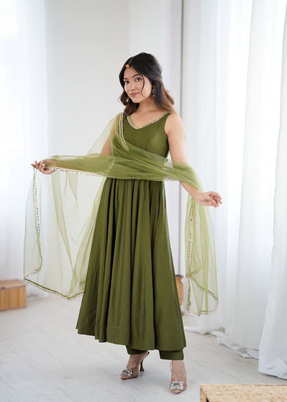 Kiyara Mahendi Color Anarkali Suit Set [Sleeves Fabric Attached]