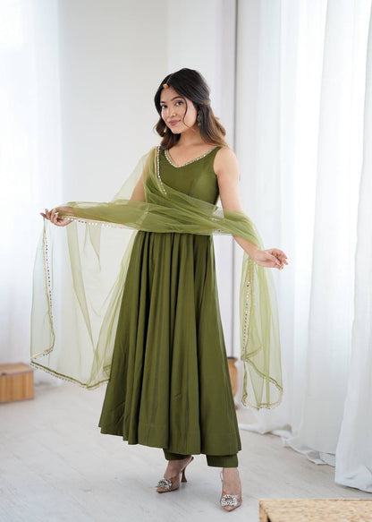 Kiyara Mahendi Color Anarkali Suit Set [Sleeves Fabric Attached]