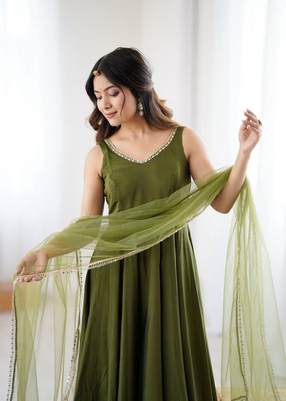 Kiyara Mahendi Color Anarkali Suit Set [Sleeves Fabric Attached]