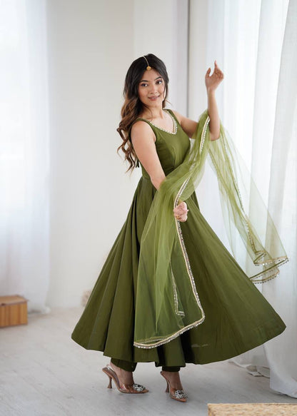 Kiyara Mahendi Color Anarkali Suit Set [Sleeves Fabric Attached]