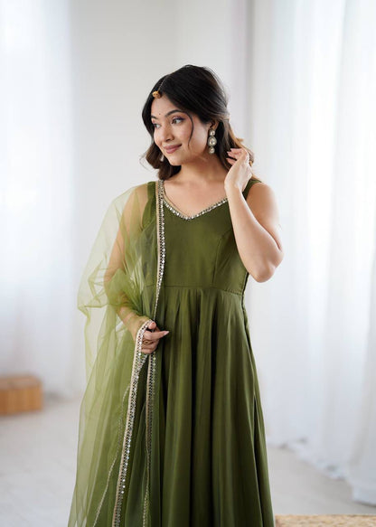 Kiyara Mahendi Color Anarkali Suit Set [Sleeves Fabric Attached]