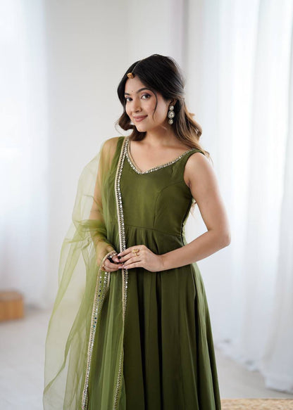 Kiyara Mahendi Color Anarkali Suit Set [Sleeves Fabric Attached]