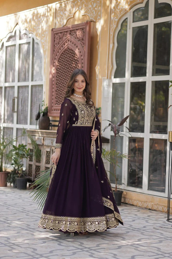 Royal Wine Georgette Anarkali Heavy Suit Set