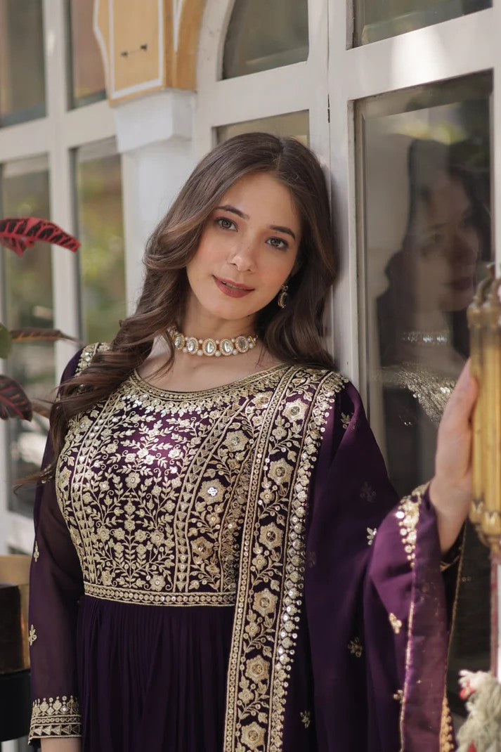 Royal Wine Georgette Anarkali Heavy Suit Set