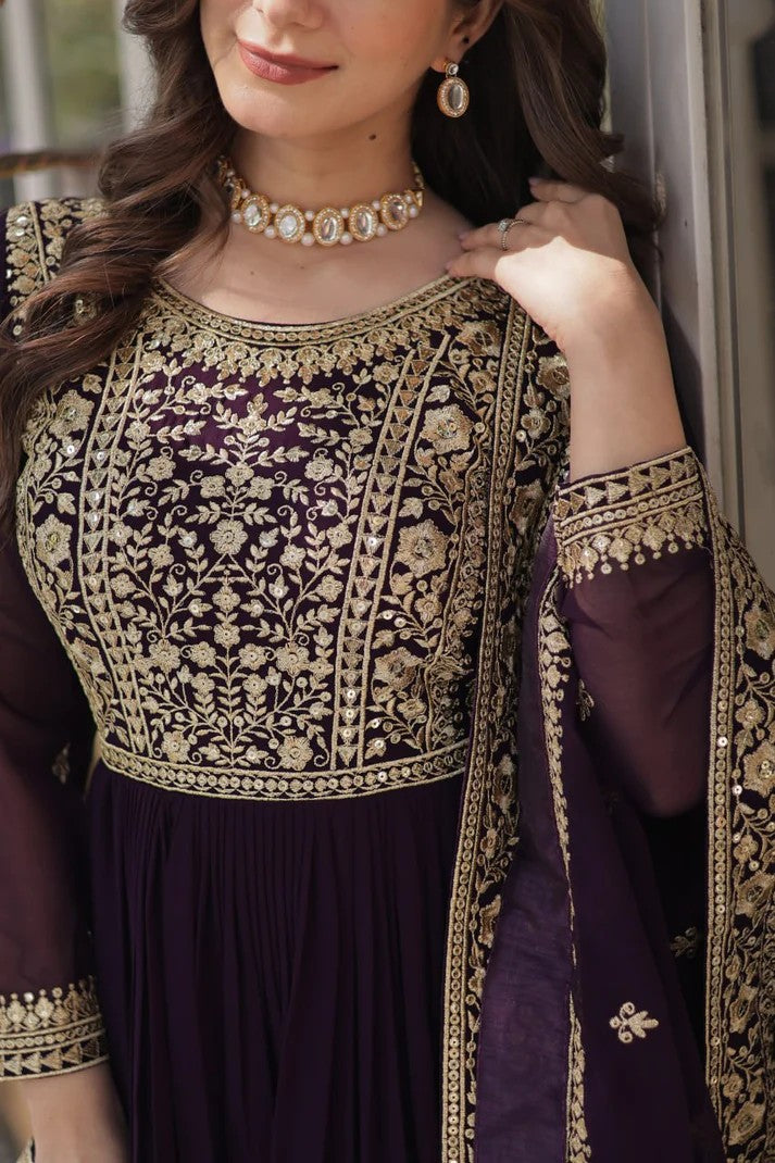 Royal Wine Georgette Anarkali Heavy Suit Set