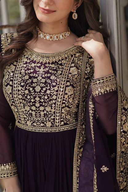 Royal Wine Georgette Anarkali Heavy Suit Set