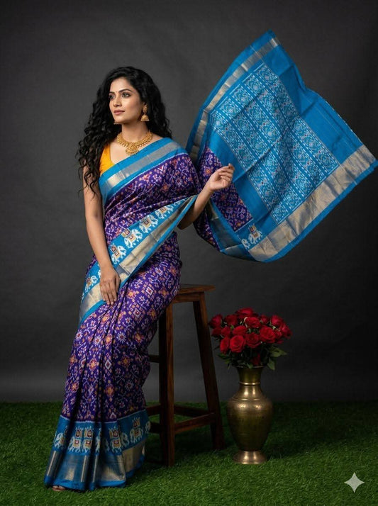Dark Bue ikkat Silk Saree with Golden Zari Weaving Work