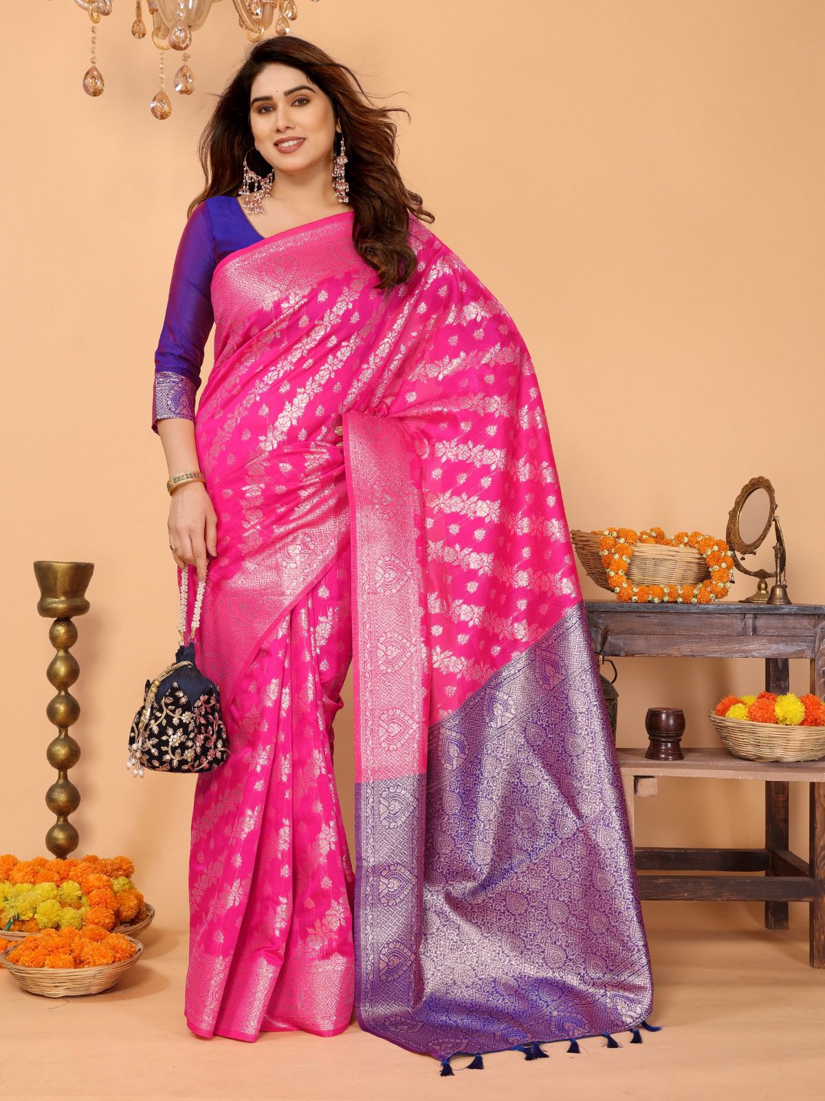 Pink Soft Lichi Silk Saree with Jacquard Work