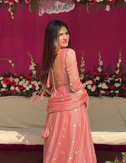 Avisha  Fendy Silk Blush Pink Anarkali Premium Suit Set