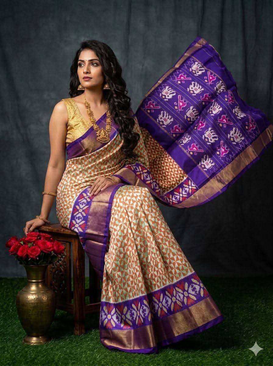 Royal Blue Ikkat Silk Saree with Zari Border and Unstitched Blouse