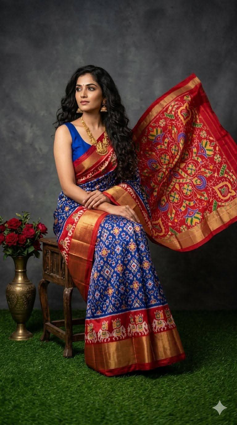 Pochampally Ikkat Silk Saree in blue and red for wome