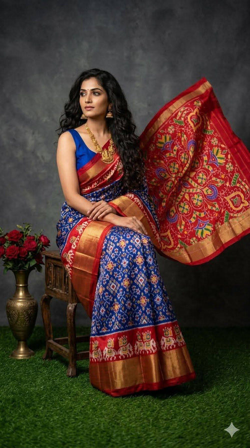 Pochampally Ikkat Silk Saree in blue and red for wome