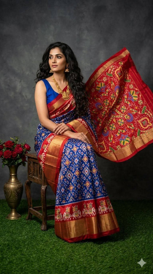 Pochampally Ikkat Silk Saree in blue and red for wome