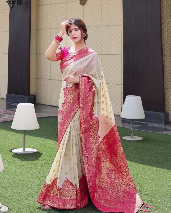 Pink Pure jacquard Silk Saree with Attractive Tassels