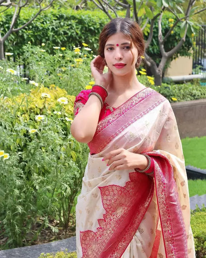 Pink Pure jacquard Silk Saree with Attractive Tassels