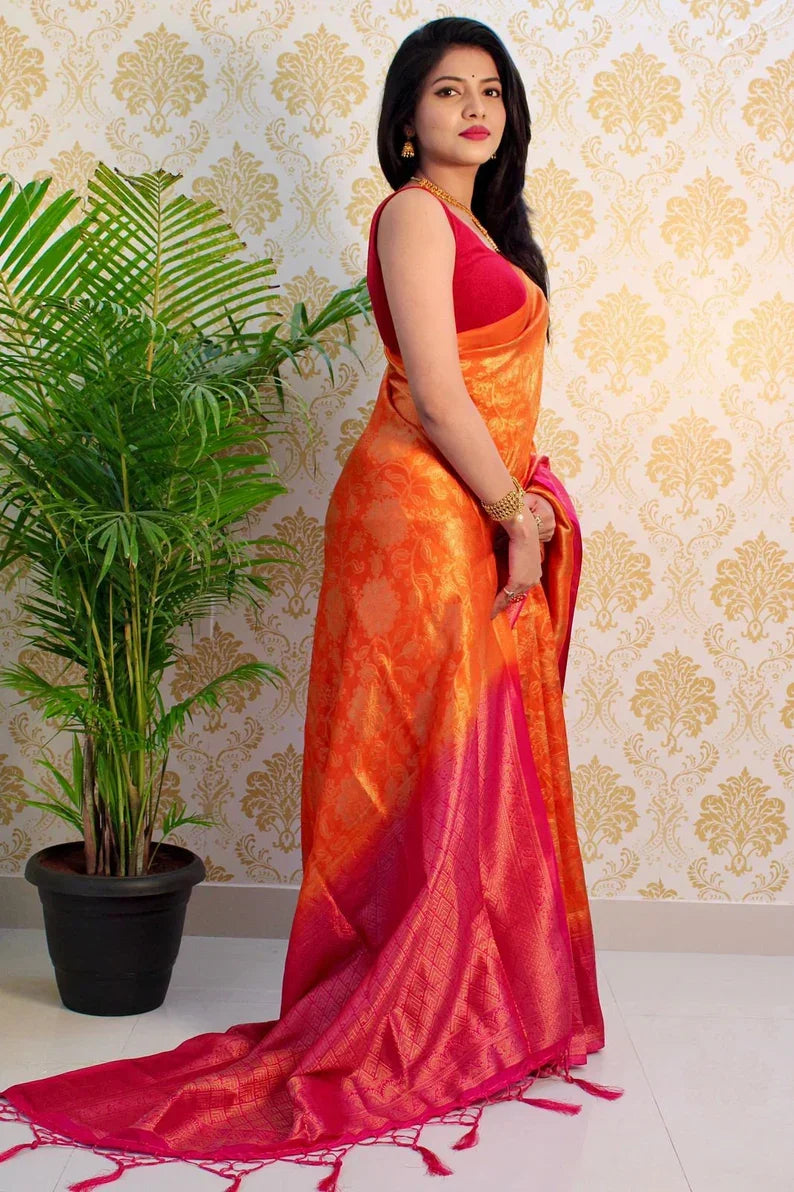 Orange Bollywood Pure Silk Saree with Zari Weaving