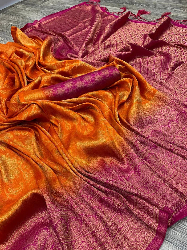 Orange Bollywood Pure Silk Saree with Zari Weaving