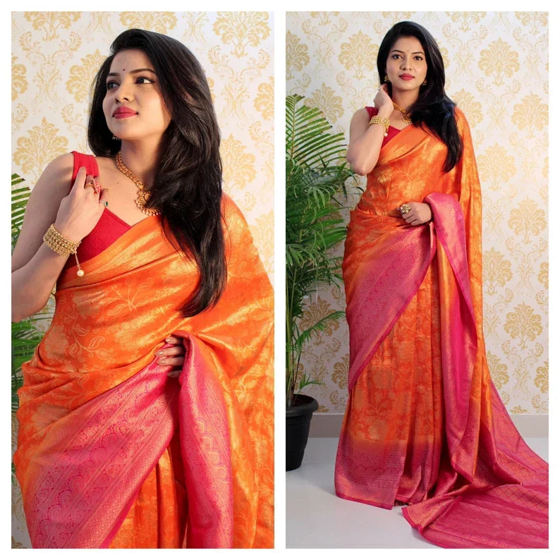 Orange Bollywood Pure Silk Saree with Zari Weaving