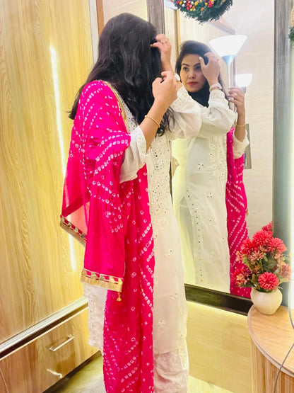Mirror work Chikankari Kurti with Bandhani Dupatta Pant Set