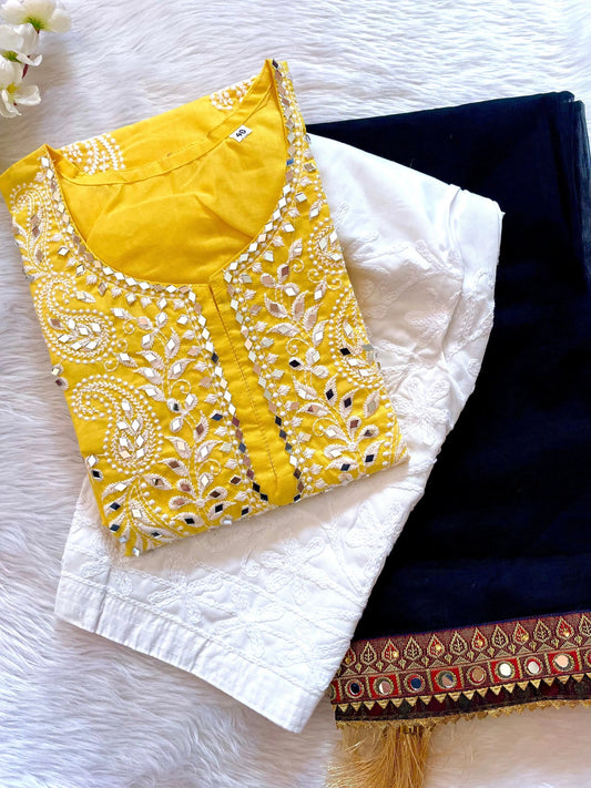 Mirror &Thread embroidery work kurti with Chikankari pant and Mirror work dupatta set (Stitched)