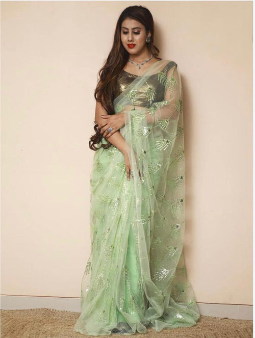 Pista Sequence Work Soft Net Saree