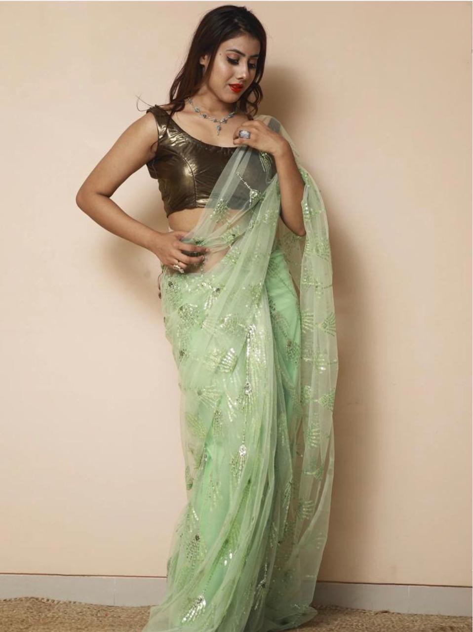 Pista Sequence Work Soft Net Saree