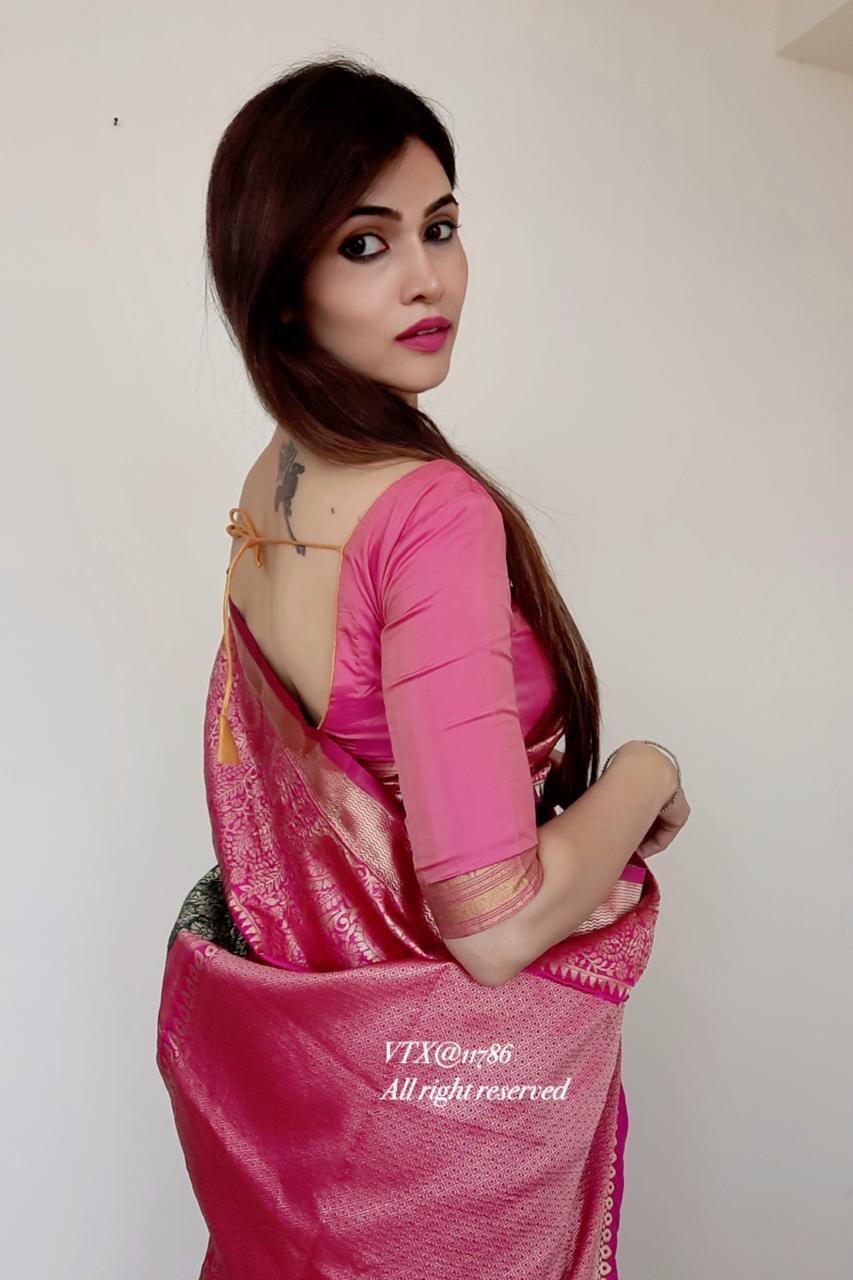 Pink Kanchipuram Silk Saree with Golden Weaving Zari Borders