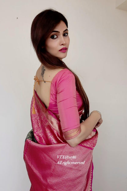 Pink Kanchipuram Silk Saree with Golden Weaving Zari Borders