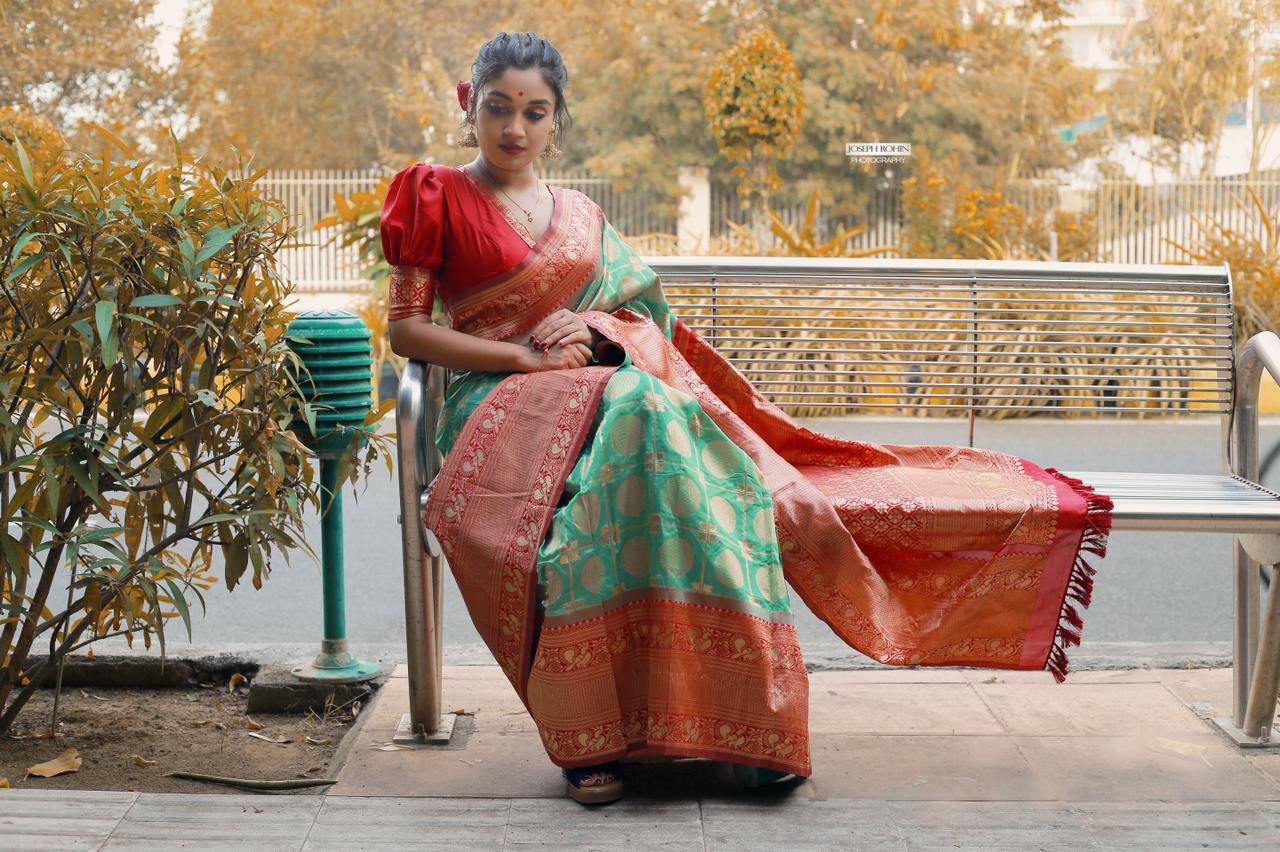Green & Red Banarasi Silk Saree for Wedding