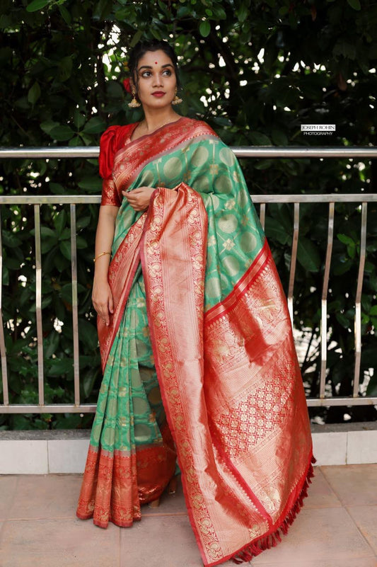 Green & Red Banarasi Silk Saree for Wedding