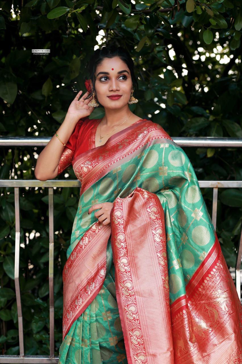 Green & Red Banarasi Silk Saree for Wedding