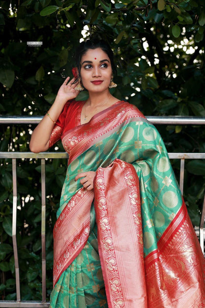 Green & Red Banarasi Silk Saree for Wedding