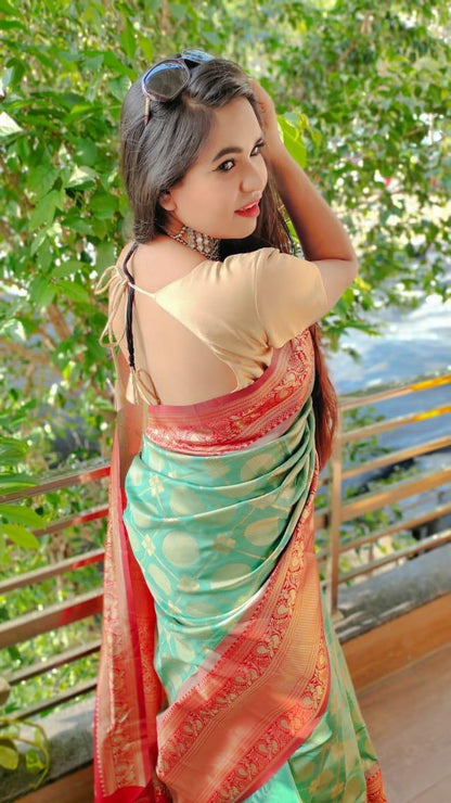 Green Soft Silk Jacquard Saree with Golden Zari Border