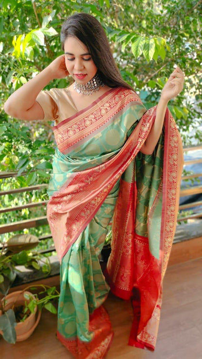 Green Soft Silk Jacquard Saree with Golden Zari Border