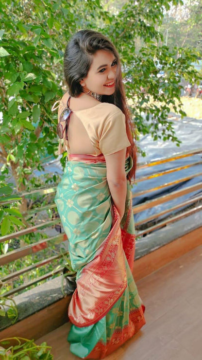 Green Soft Silk Jacquard Saree with Golden Zari Border
