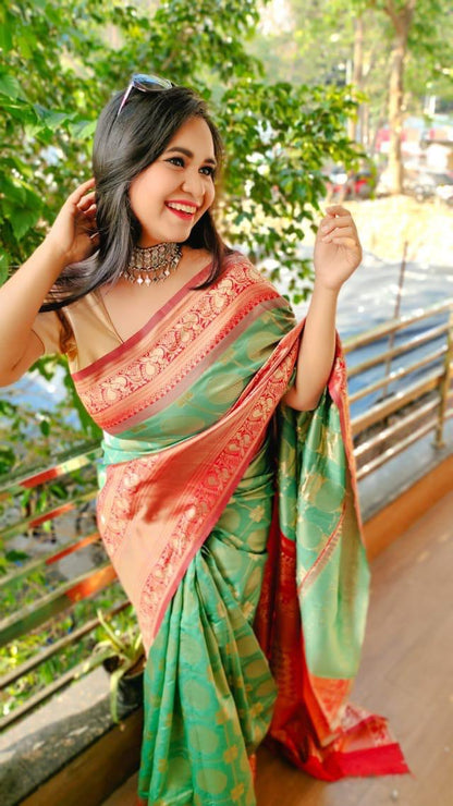 Green Soft Silk Jacquard Saree with Golden Zari Border
