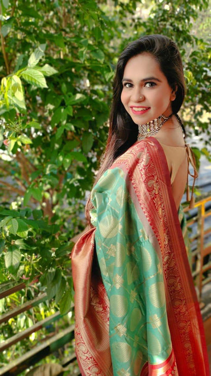 Green Soft Silk Jacquard Saree with Golden Zari Border