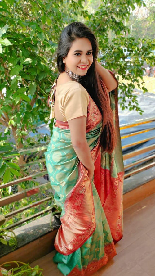 Green Soft Silk Jacquard Saree with Golden Zari Border